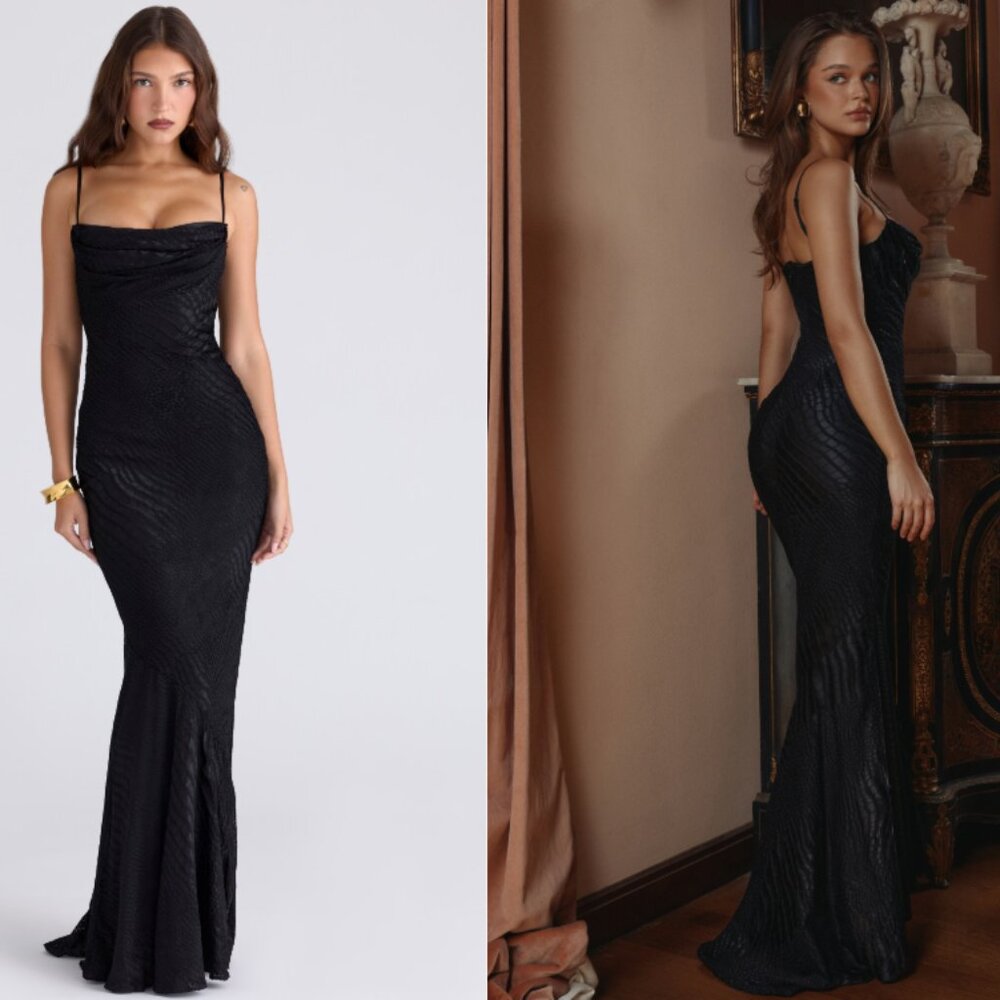 House of CB NALANI Black Devoré Satin Maxi Gown - Limited Edition NWT